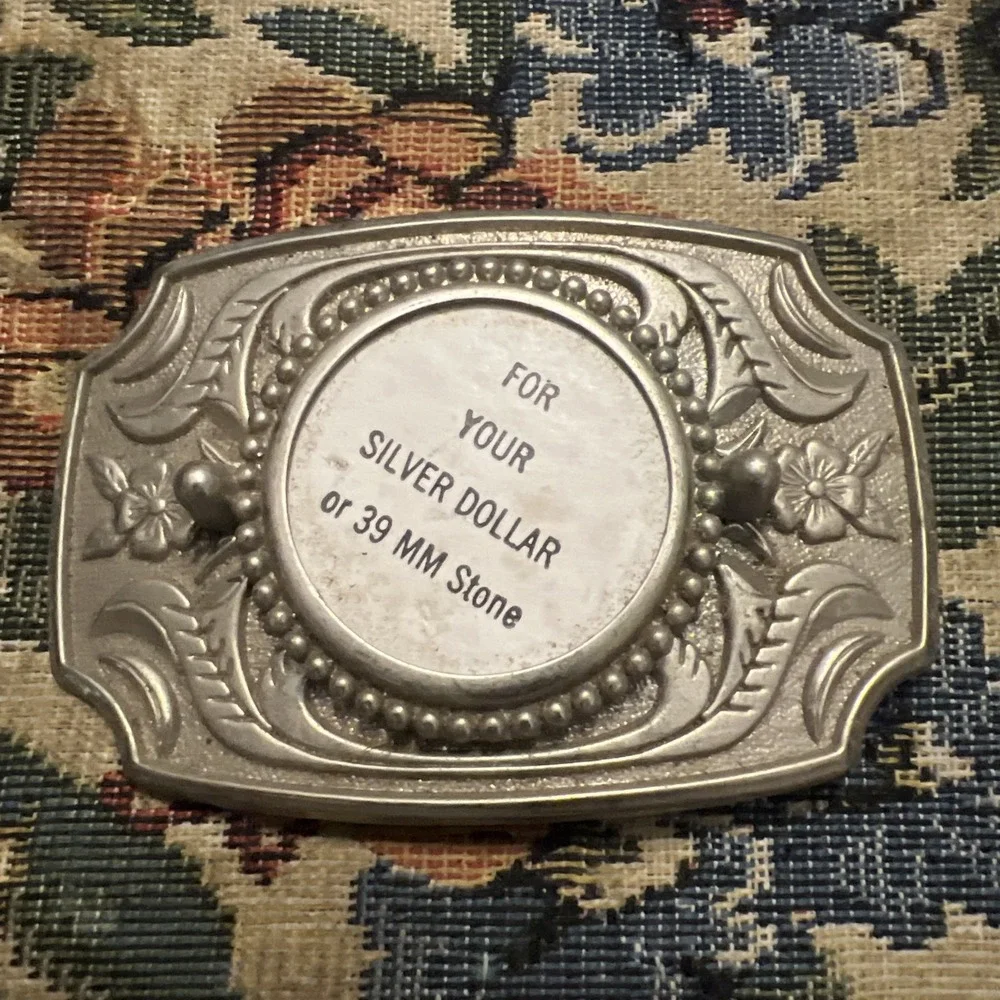 Vintage Western Belt Buckle Silver Dollar 39mm Stone Holder Floral Scroll USA